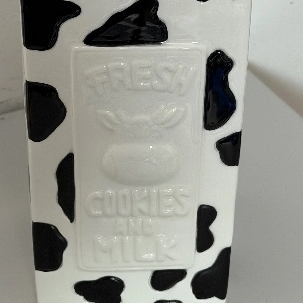 Houston Harvest Cookie Jar White Cow Print Milk Carton Ceramic Decor Large